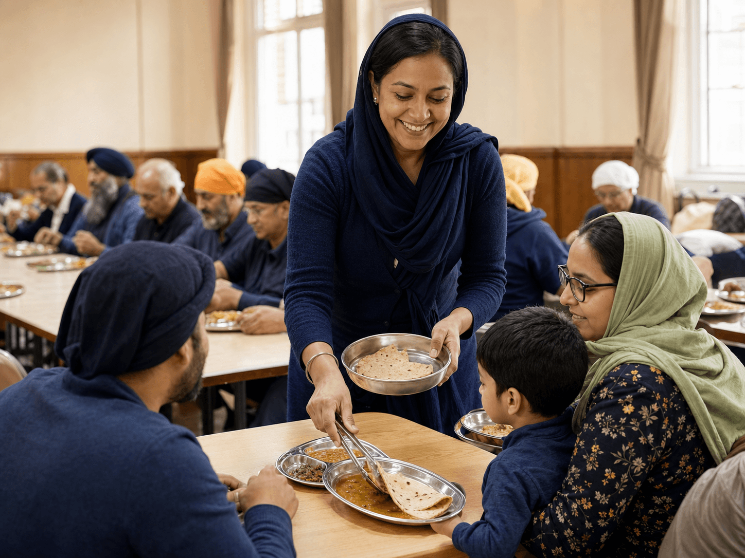 Volunteers warmly serving langar to visitors